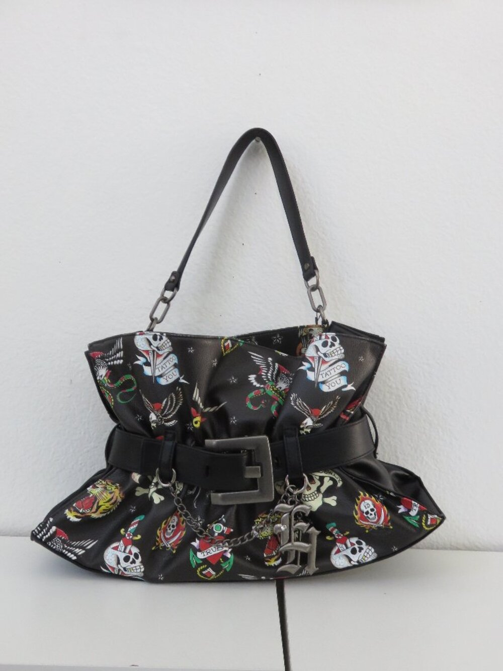 Ed Hardy Black Tattoo-Print Small Satchel Buckle Tote Hand Bag